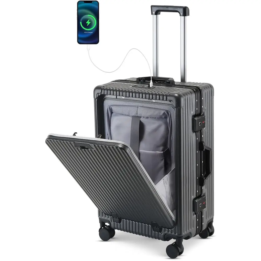 

24-Inch Expandable Hard Shell Spinner Luggage with Front-Open Access, USB Port, and Drink Holder - Grey