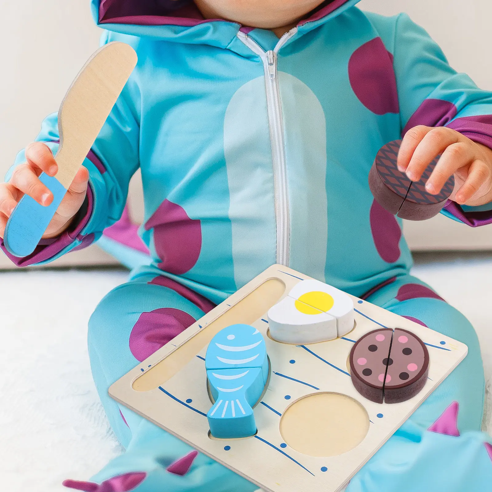 

1Set Cartoon Food Cutting Playthings Wooden Educational Kitchen Pretend Play Cognitive Cutting Set for Toddlers