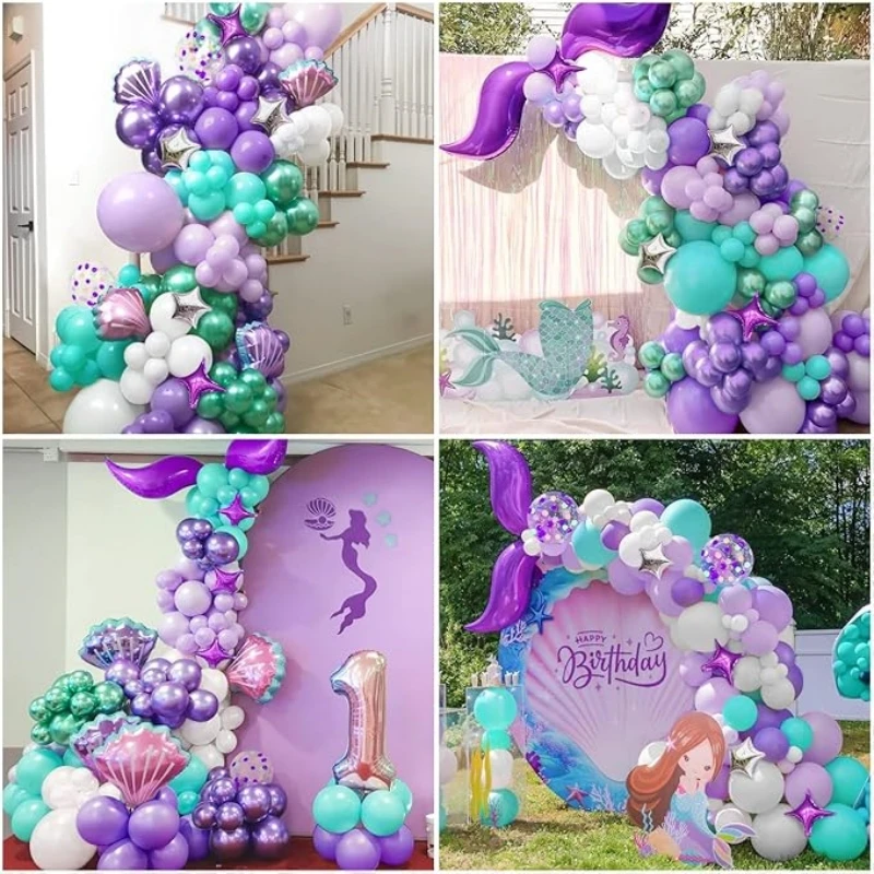 118Pcs A set of mermaid themed balloon arch set, mermaid tail silver star foil balloon birthday wedding party decoration