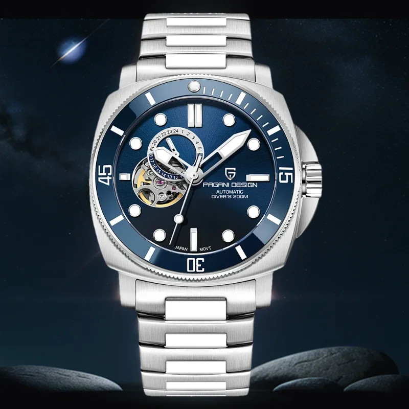 

PAGANI DESIGN Деловые мужские механические часы Роскошные сапфировые часы 200 м Водонепроницаемые автоматические мужские часы из нержавеющей стали