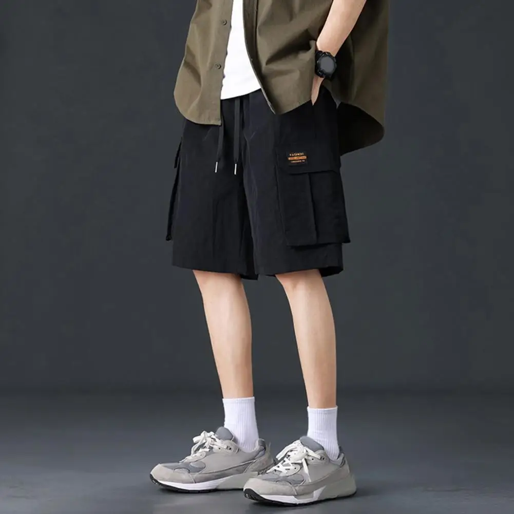 Men Knee Length Pants Men's Cargo Shorts with Drawstring Waist Multiple Pockets for Sporty Casual Wear Wide Leg Knee Length