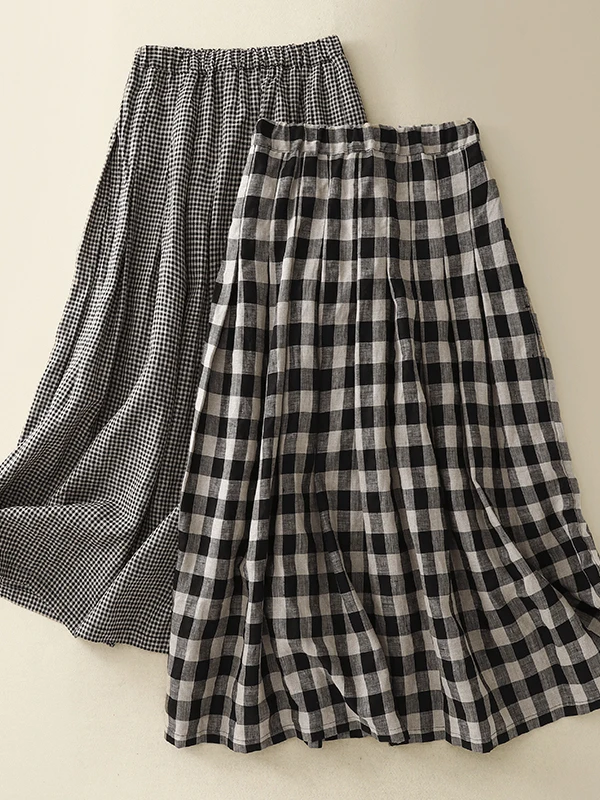 Retro geruite midi-rok dames zomer mooie losse slanke hoge taille gedrapeerde a-lijn paraplurok katoen 70% andere 30%