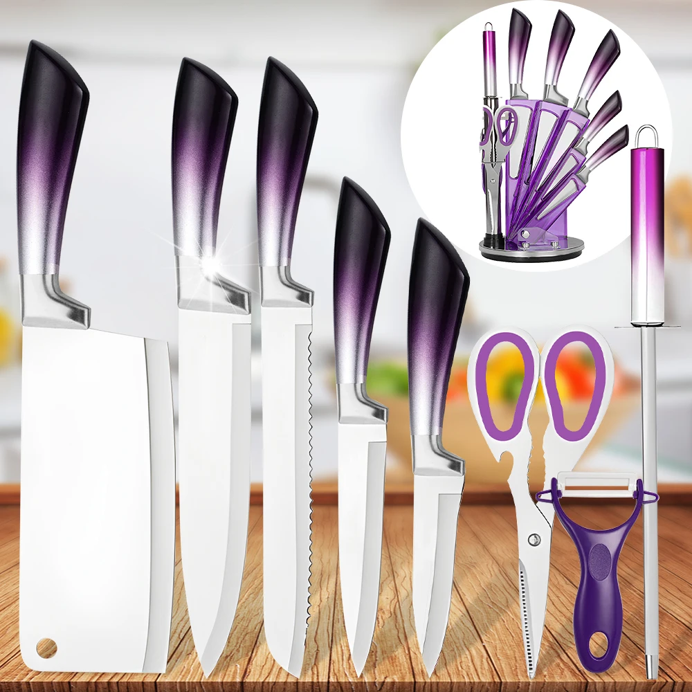 

ZENG 9pcs Kitchen Knife Set Holder Multi-Function Utensil stand Knife Block with Sharpener for Cutting Slicing Dicing Chopping