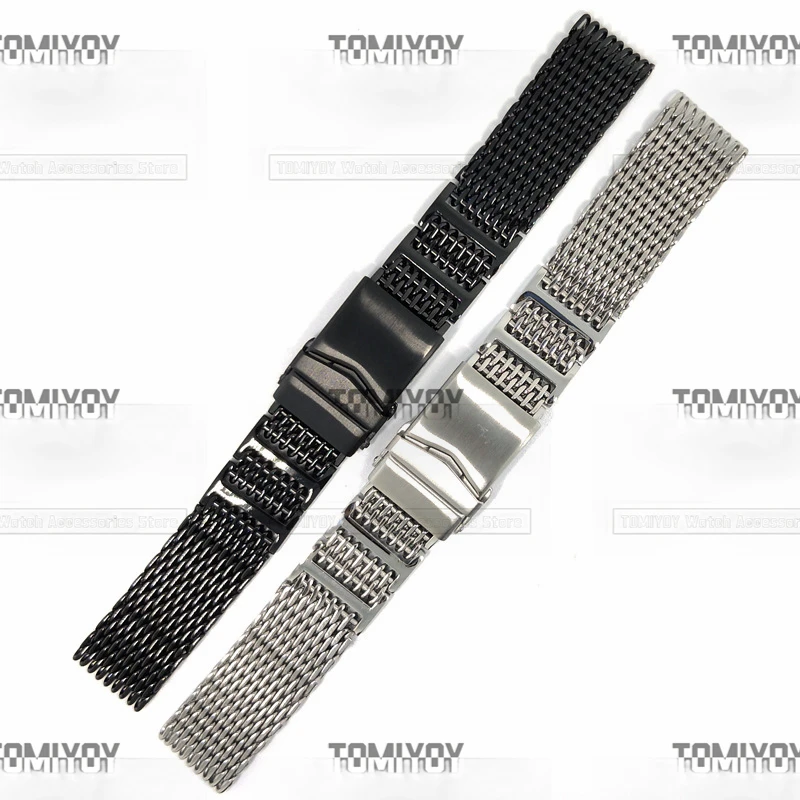 

20 22MM Black Silver Extended Solid Buckle Mesh Stainless Steel Watch Strap