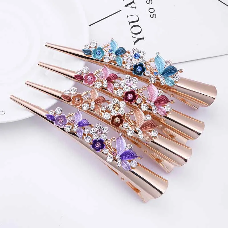 Women Gem Butterfly Steel Hair Clips Pins Hairpins Chinese Vintage Crown Wedding Classical Crystal Spring Clip Hair Accessories