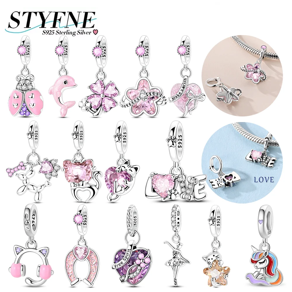 

925 Silver Pink Series Charms Pink Zircon Four-leaf Clover Love Cat Beads Pendant Fit Diy Bracelet Women Birthday Jewelry Gift