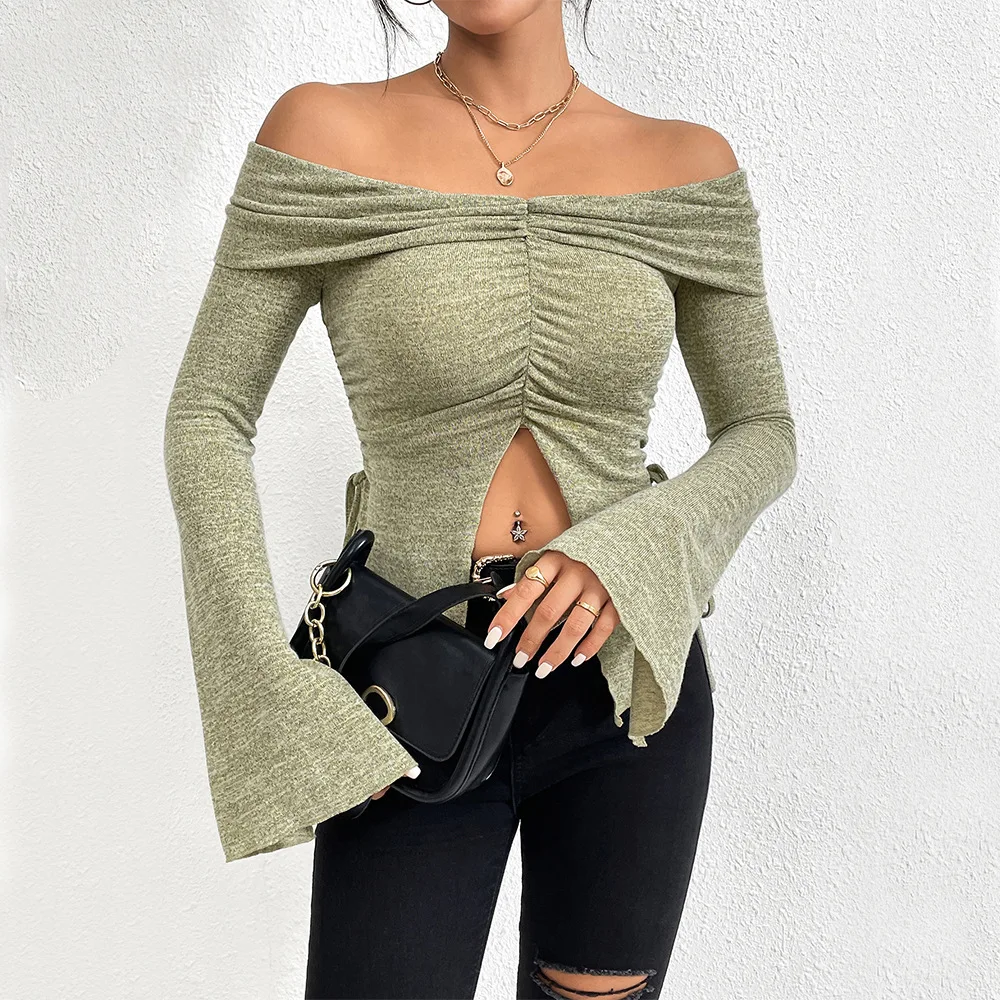 Women Autumn Winter Off Shoulder Split Flare Sleeve Long Sleeve Knit T Shirt Top