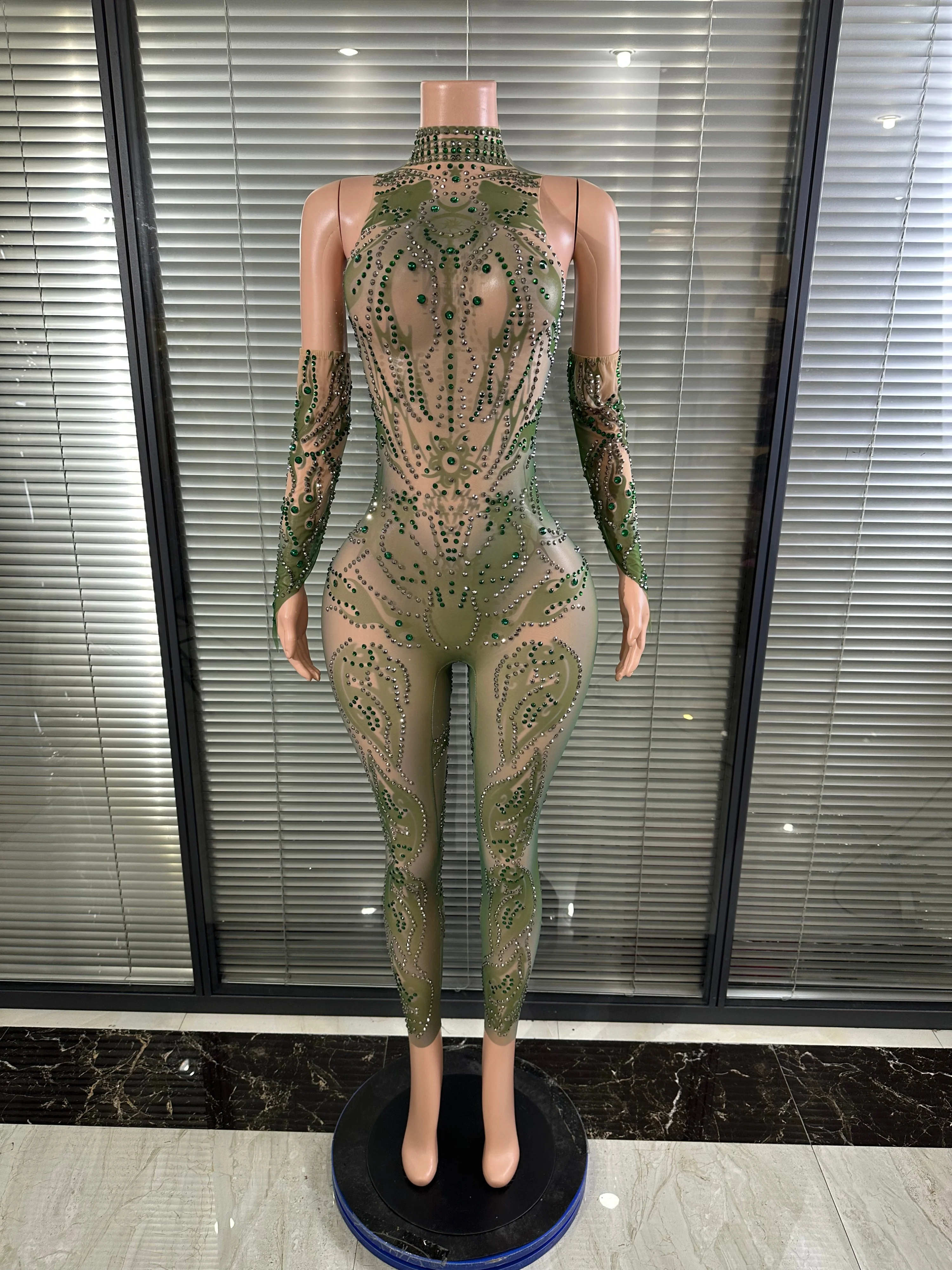 

Chic Sheer Mesh Full Body Jumpsuit Women Sexy Rhinestone Embellished High Neck Slim-fit Outfit Nightclub Evening Party Costume