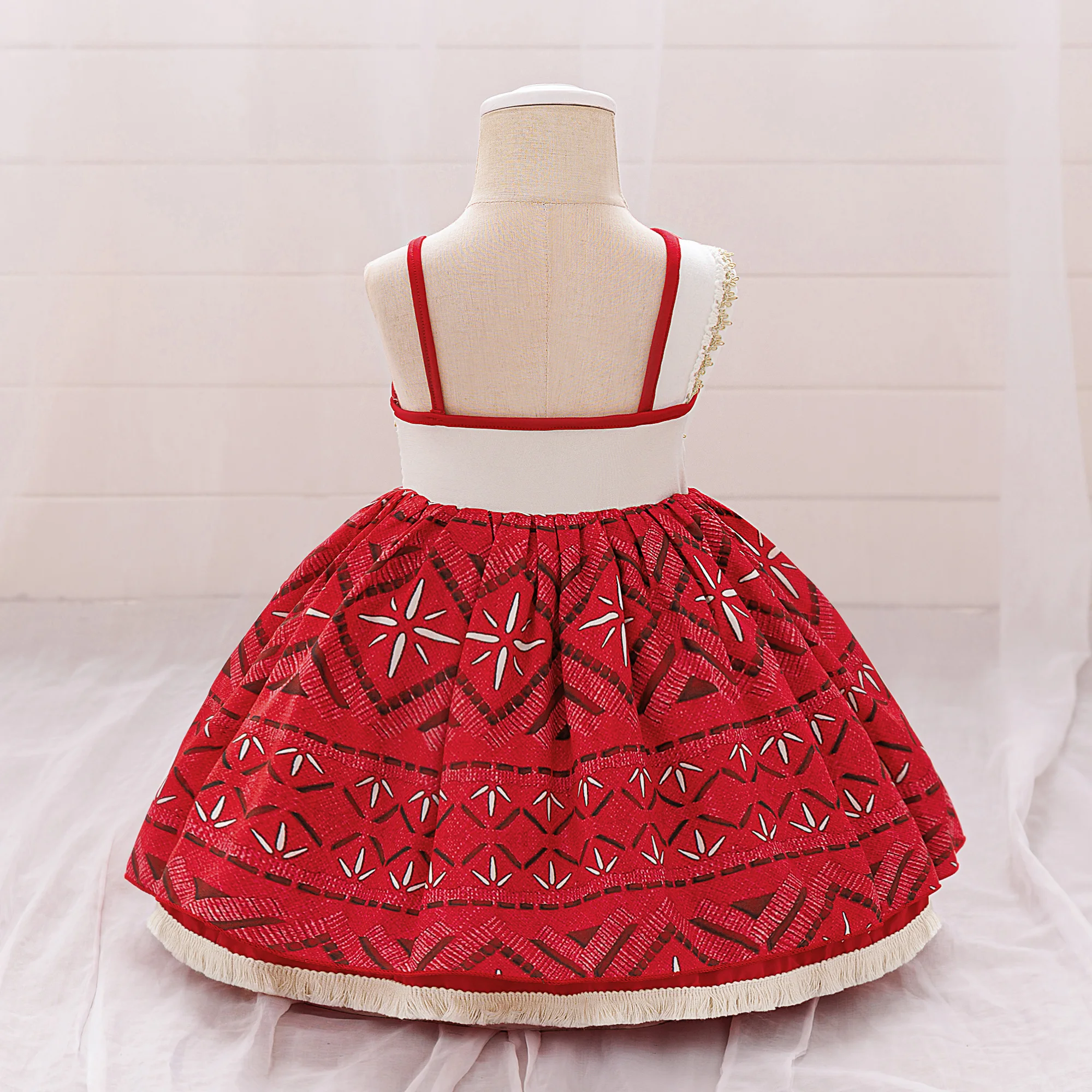 女の子用スパゲッティストラップビーチパーティーパフォーマンスプリントフリンジドレス モアナ風新作サスペンダードレス 女の子用モアナプリンセスドレス ﻿
