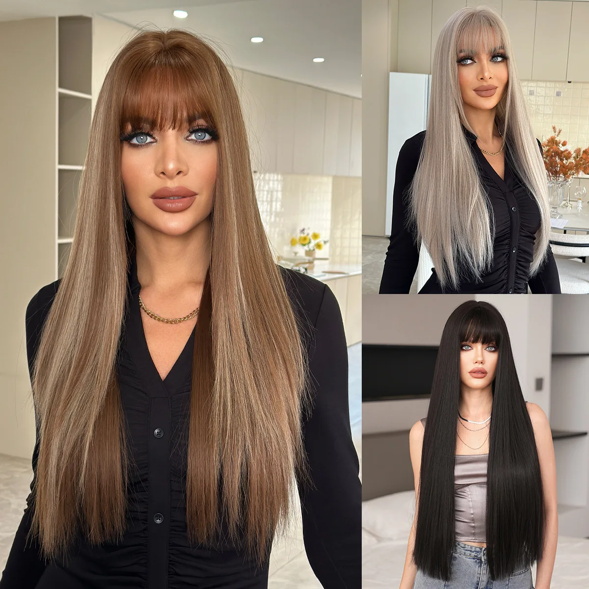 

Highlights dyed brown long straight hair Qi bangs wig daily age reduction JK black one-size-fits-all wig cover women's full head