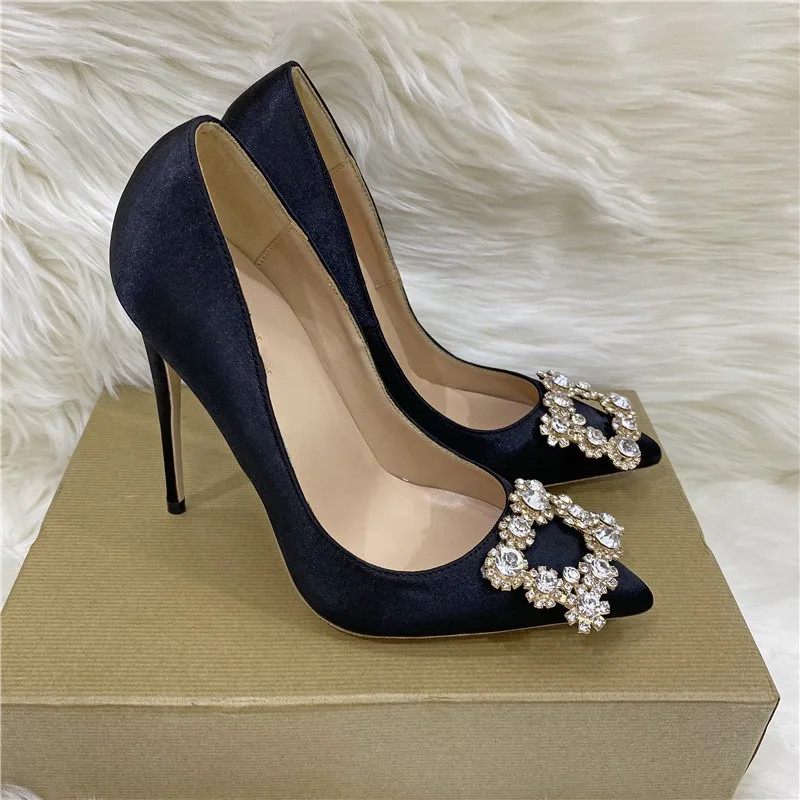 Keshangjia Black Silk Pointed High-heeled Shoes Sparkling Wedding Shoe Heel Lighter Peep-toe sexy 12 cm Single Women Shoes