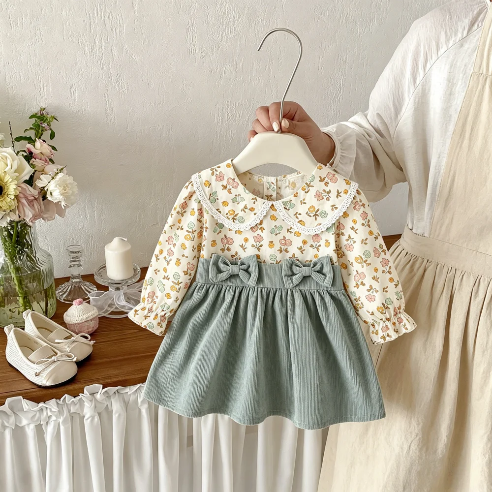 

Baby Dress Spring And Autumn Floral Bow Long Sleeve Girls' Dress Lovely Princess Children's Dress Baby Girl Clothing