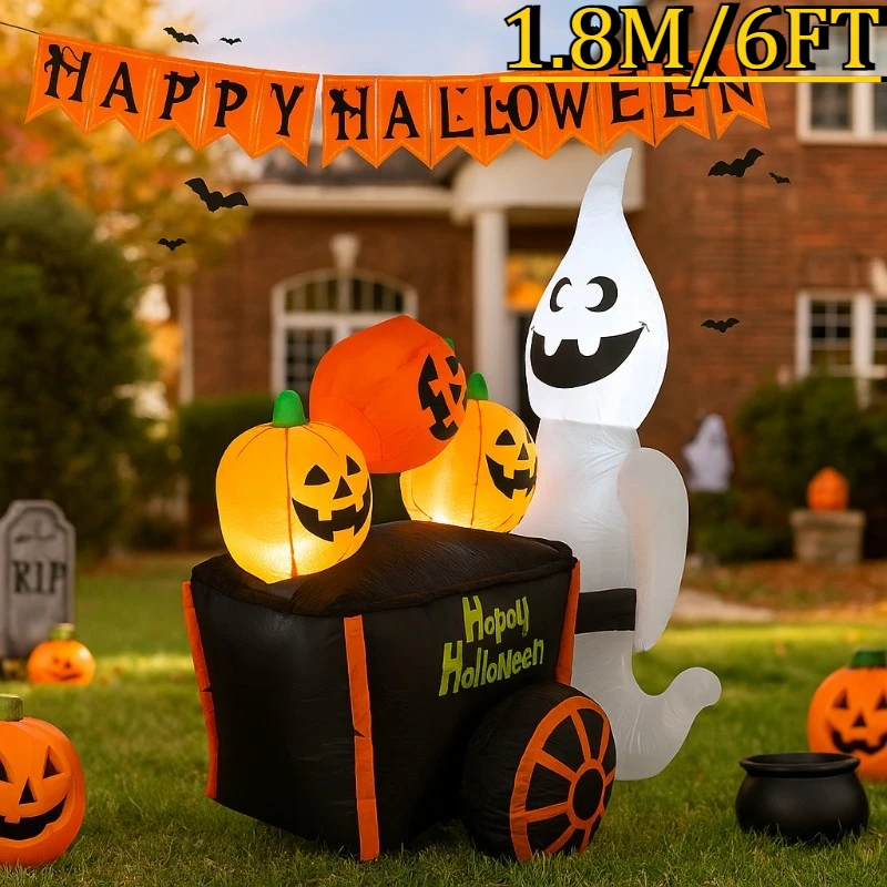 6FT HalloweenOutdoor Inflatable Model Ghost Pushing Pumpkin Cart with LED LightsIdeal Inflatable Toy forOutdoor PartyDecorations