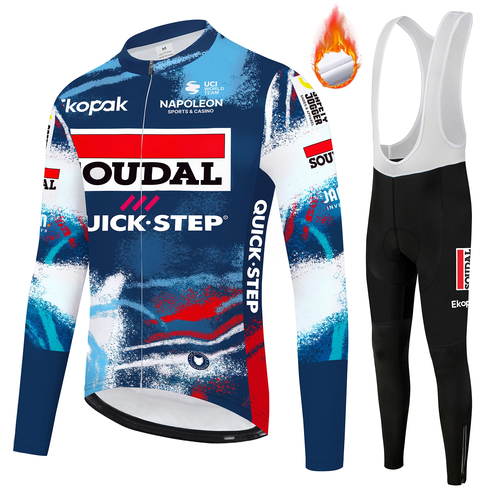 

2025 New QUICK STEP men's fleece warm Long Sleeves Cycling Jersey winter cycling suit set warm fleece shoulder strap long pants