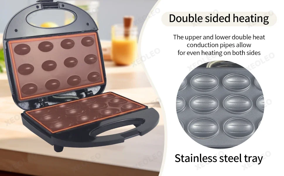 Electric 12‑Hole Walnut‑Shape Waffle Maker Pastry Nut‑Cake Bread Machine for Breakfast Kitchen