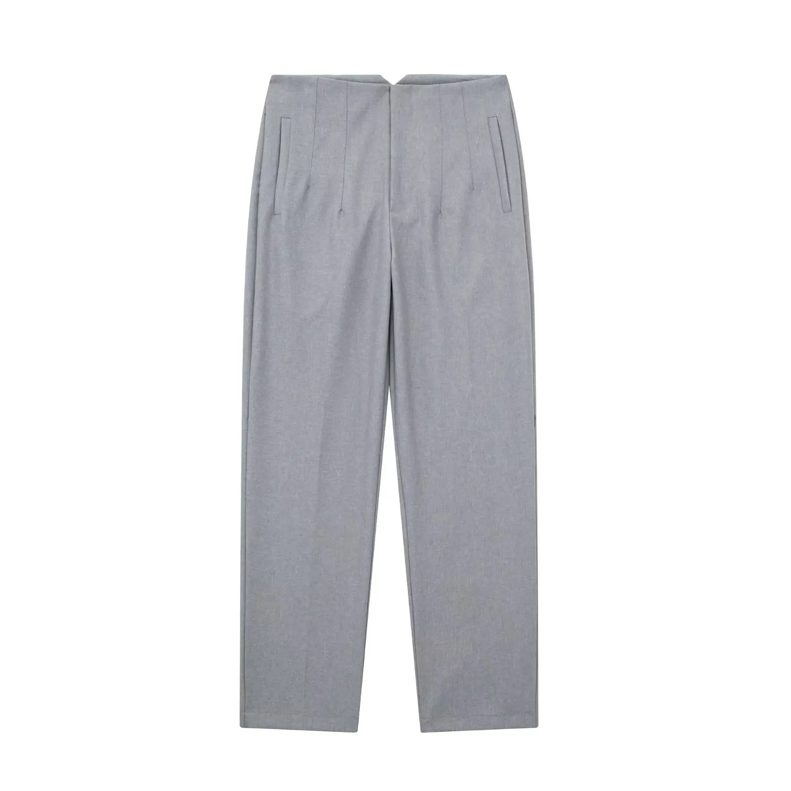 Straight Leg Pants High Waist Full Length Vintage Trousers for Women - Light Grey