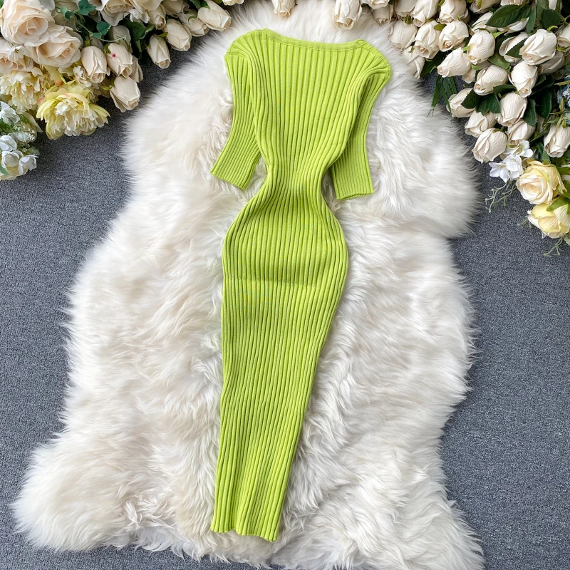 Dames V-hals gebreide wikkelrok Dr Pure kleur zomer 2020 hoge taille ort Sve Midi Dr Koreaanse Sle