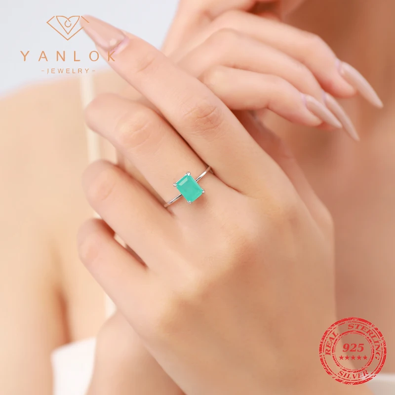 YANLOK Luxury Paraiba Tourmaline Ring 925 Sterling Silver Radiant Cut Finger Rings for Women Sterling Silver Fine Jewelry