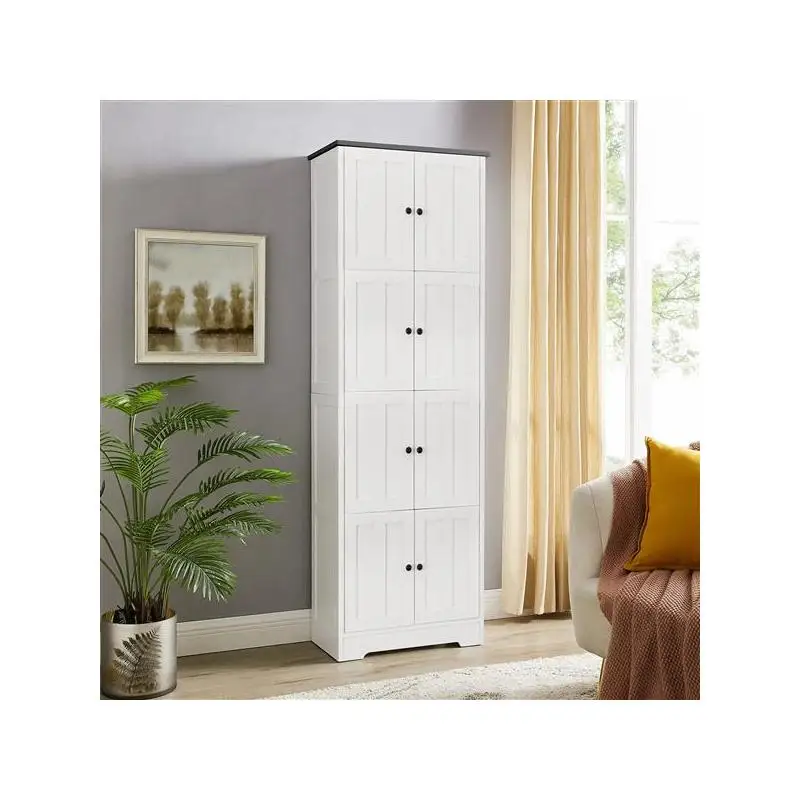 خزانة تخزين طويلة، 8 أبواب، 4 أرفف، وحدة مثبتة على الحائط لغرفة المعيشة، المطبخ، المكتب، غرفة النوم، الحمام، لمسة نهائية بيضاء