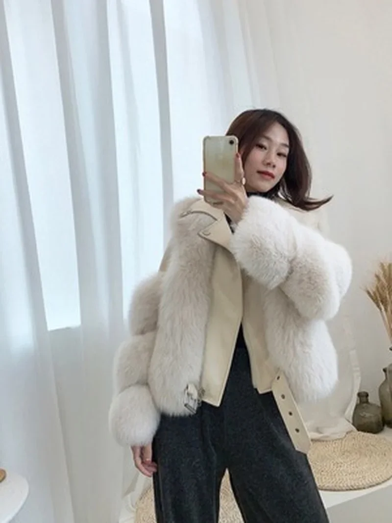 Fashionable warm short fox fur coat and sheepskin leather full fox fur motorcycle jacket luxury women\'s 2024 winter new