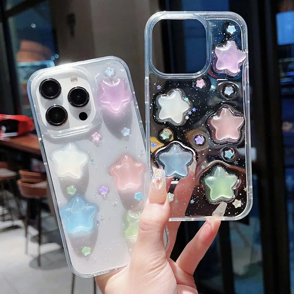 3D Epoxy Luminous Star Case For iPhone 16 15 14 13 12 11 Pro Max Plus Mini Clear Soft TPU Cover Skin