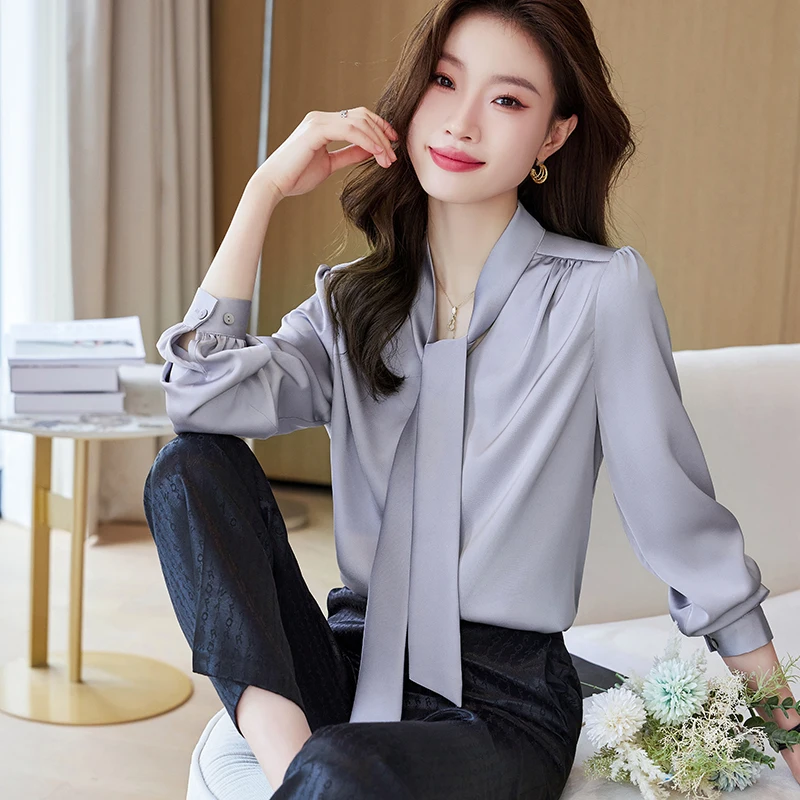 NAVIU Gray Bow Tie Shirt Women New 2023 Autumn Temperament V Neck Formal Long Sleeve Blouses Office Ladies Work Tops Champagne