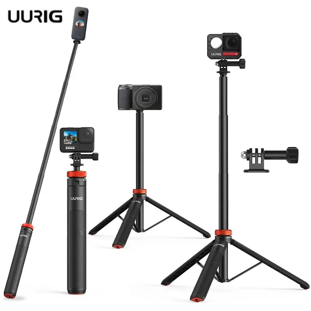 UURIG 130cm Extendable Selfie Stick Tripod Stand Handle Grip for GoPro 12 11 10 9 8 Insta360 X4 DJI OSMO Action 3 4 Accessories