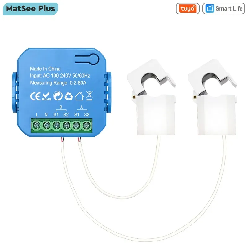 

Tuya Smart ZigBee Energy Meter Bidirectional 1, 2 Channel with Current Transformer Clamp App Monitor Power 80A 110V/240V 50/60Hz