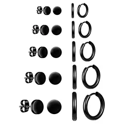 1 Pair Black Tone Stainless Steel Round Flat Stud Earrings Small Circle Huggie Hoop Earrings Set for Men Women