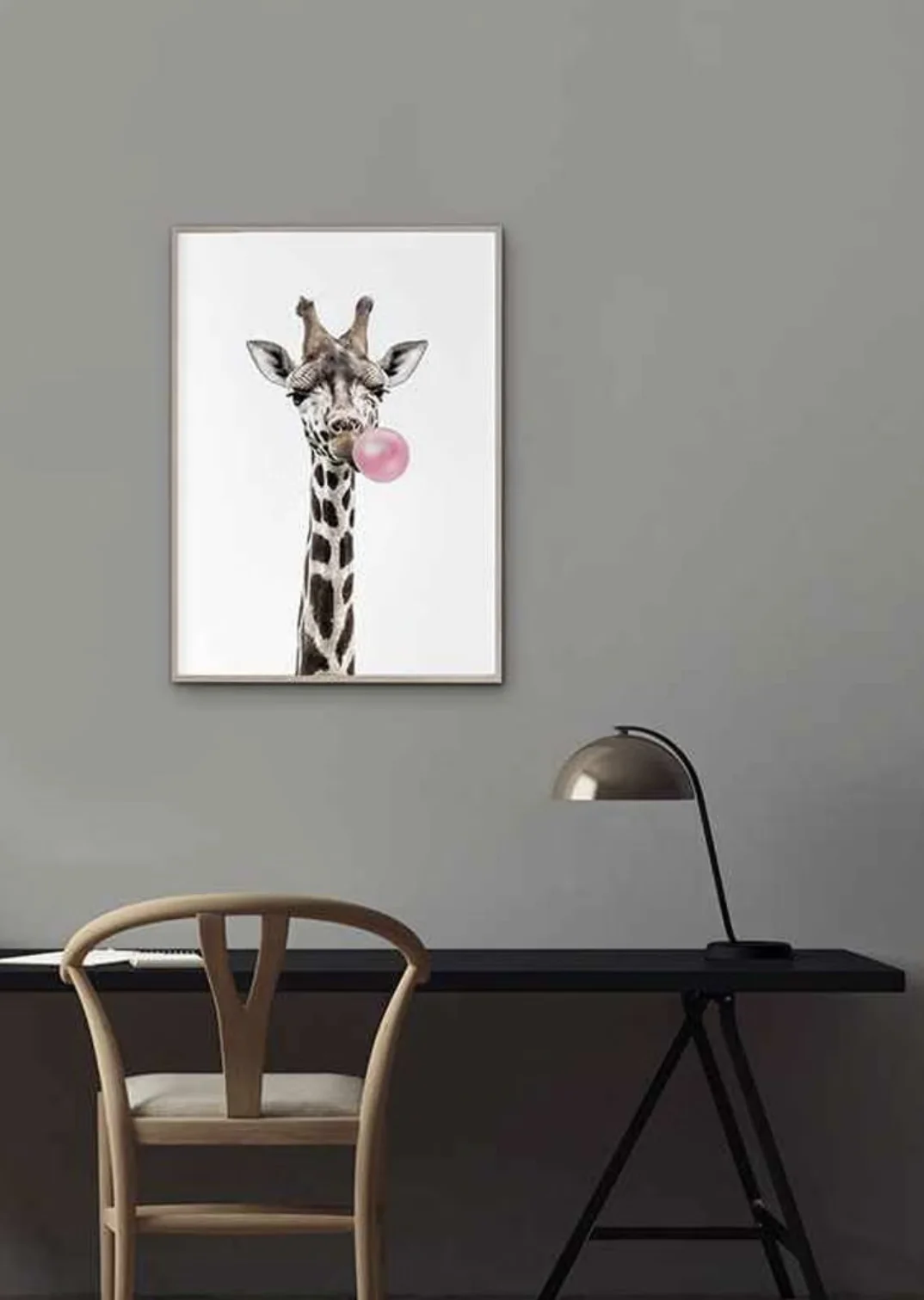 Giraffe Blowing Pink Bubble Gum Wall Art Canvas Prints Posters Decor, Nursery Bedroom Kids Room Playroom Wall Decor