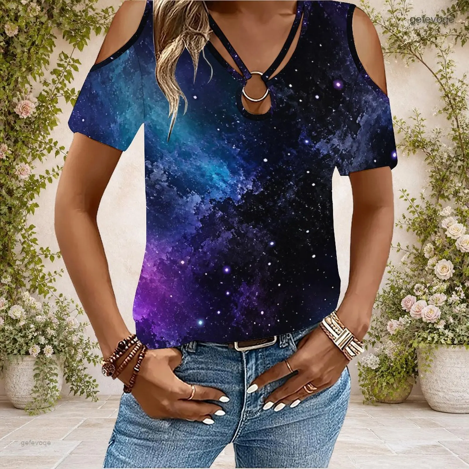 Women Cold Shoulder Short Sleeve T Shirt V Neck O Ring Keyhole Cutout Loose Casual Top Custom Print Ladies Daily Blouse - view 4