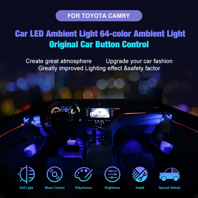 Hot Sales Car RGB Led Lighting System 64-Colors Ambient Auto Atmosphere Light for Toyota Camry 2018-2021