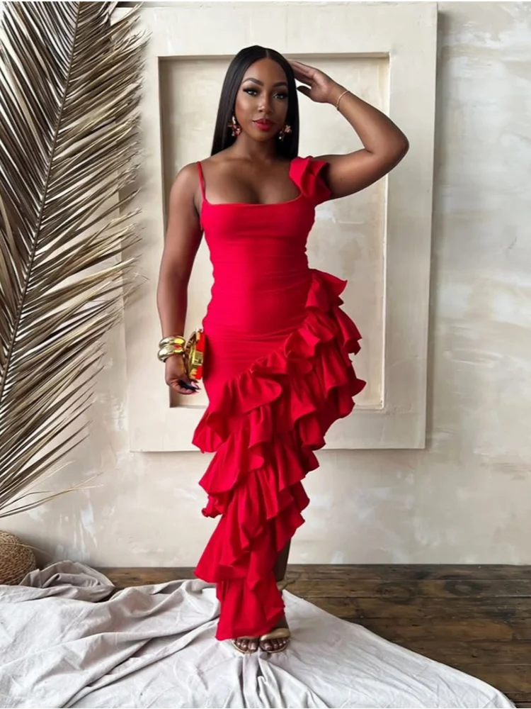 

Sister Star Women's Sexy Hottie Solid Color Halter Irregular High Waist Thin Design Ruffles Soft Eye-catching Hip Dresses