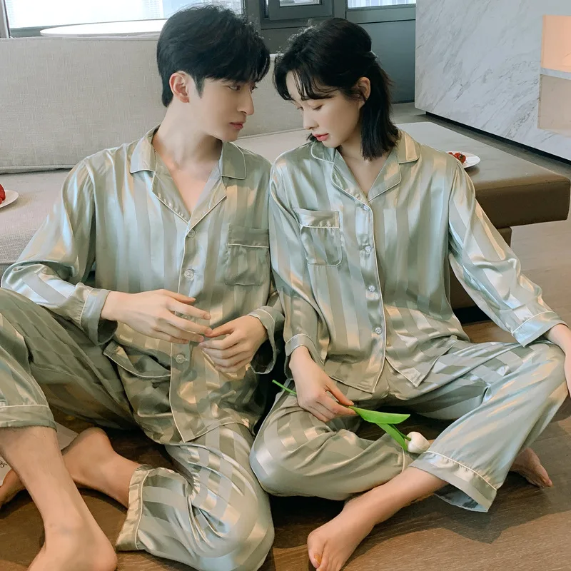 Solid Color Sleepwear Silk Satin Pajamas Couple Set Long Button-Down Pyjamas Suit Pijama Women Men Loungewear Plus Size Pj Set