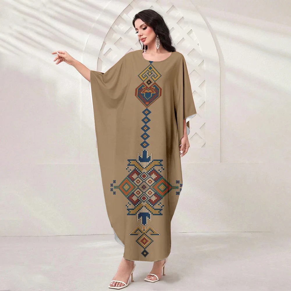 Summer Muslim Batsleeve Party Dress Women's Elegant Floral Print Dress Classic Islamic Abaya Arab Muslim Loose Temperament Abaya