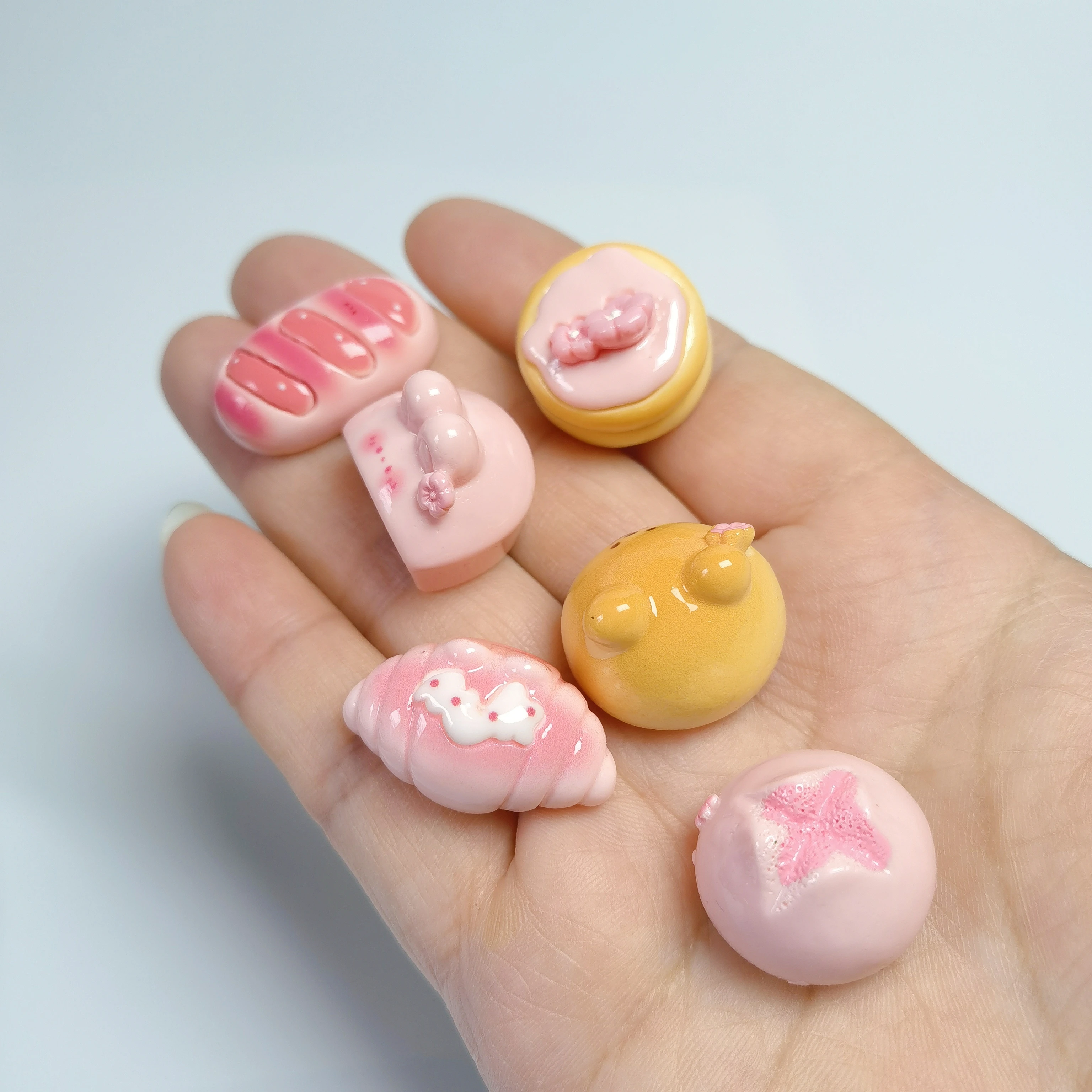 Cute Pink Blossom Bread Rabbit Figurines Resin Cabochons Simulation Food Charms for Scrapbooking Hairpin Jewelry Making Accessor
