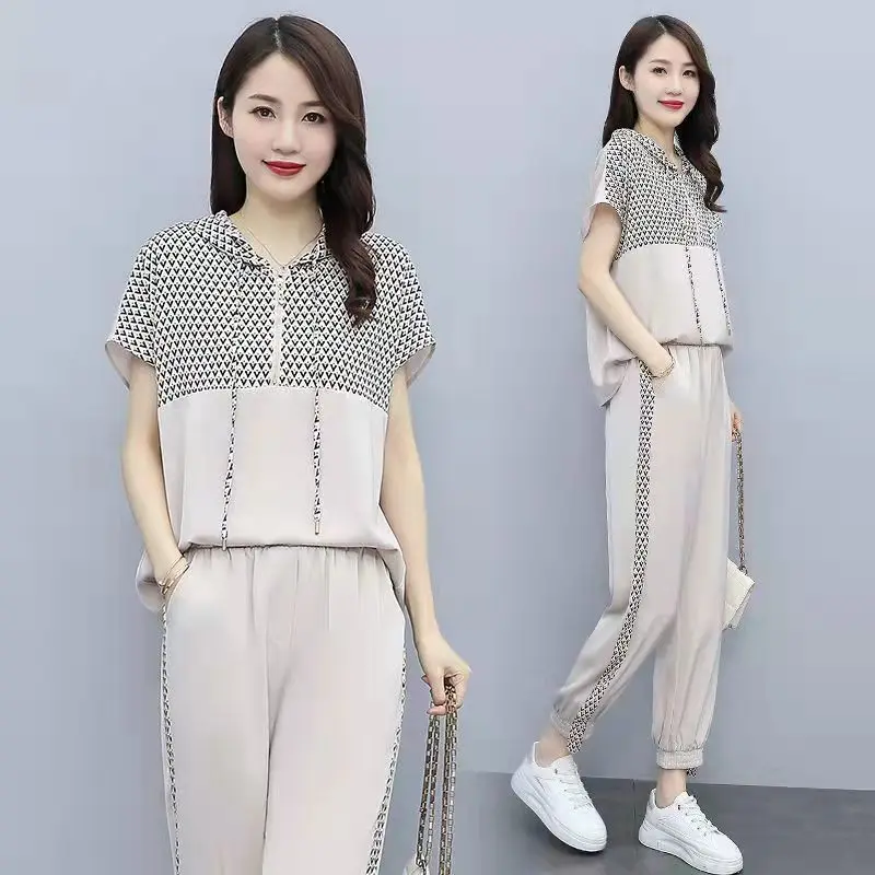 

Women's Leisure Sports Suit 2025 Spring Summer New Fashion Hooded T-shirt Crop Top And Pants 2 Two Piece Set Tracksuit Clothes