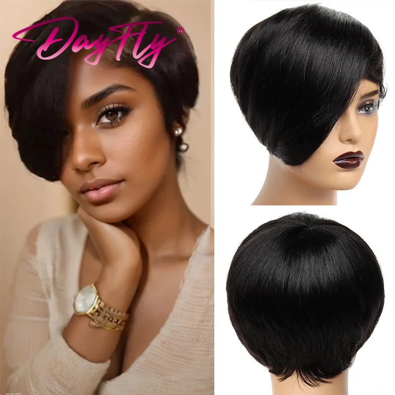 

Парик с короткой стрижкой фея, парики из человеческих волос с эффектом омбре, с челкой, короткие прямые парики для женщин, парики из бразильских светлых волос с цветными волосами 130%