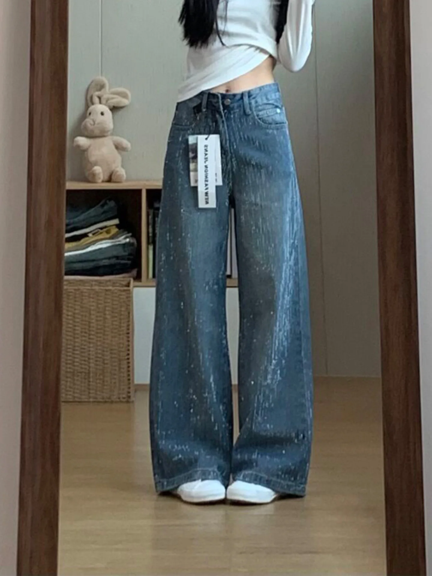 

Retro Glittering Blue Jeans Women's Loose Straight Leg Long Pants Summer New Arrival plus Size American Style High Waist Denim