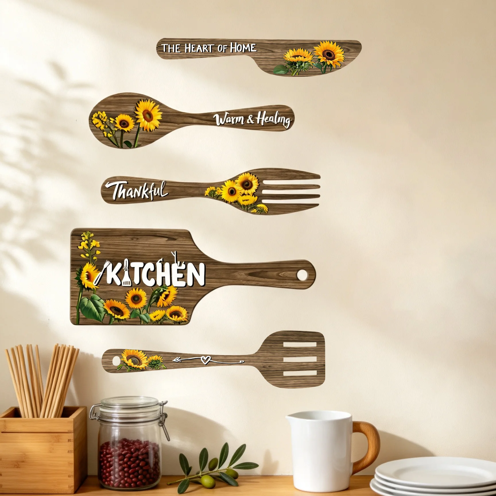 Sunflower Kitchen Utensil Wall Stickers Wooden Texture Spoon Fork Inspirational Quote Wall Decals Removable Kitchen Decor