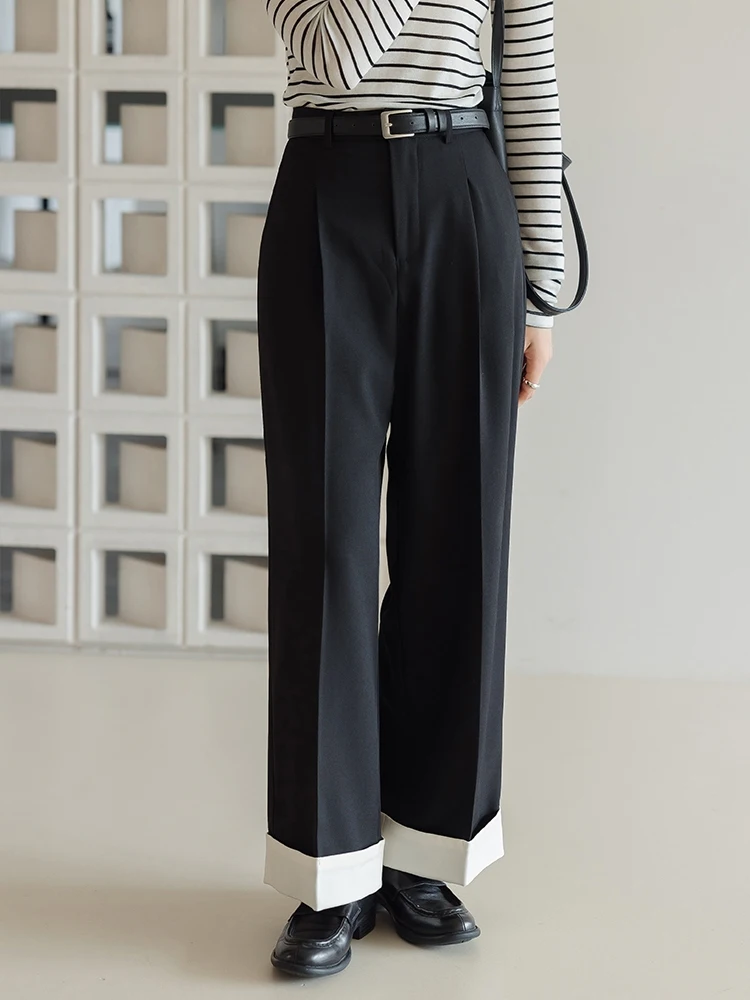 

Bla Suit Wide Leg Pants Women's High Waist Drape Straight Hem Cuffed Wide Leg Trousers Commute Sle ket Detail Long Pants