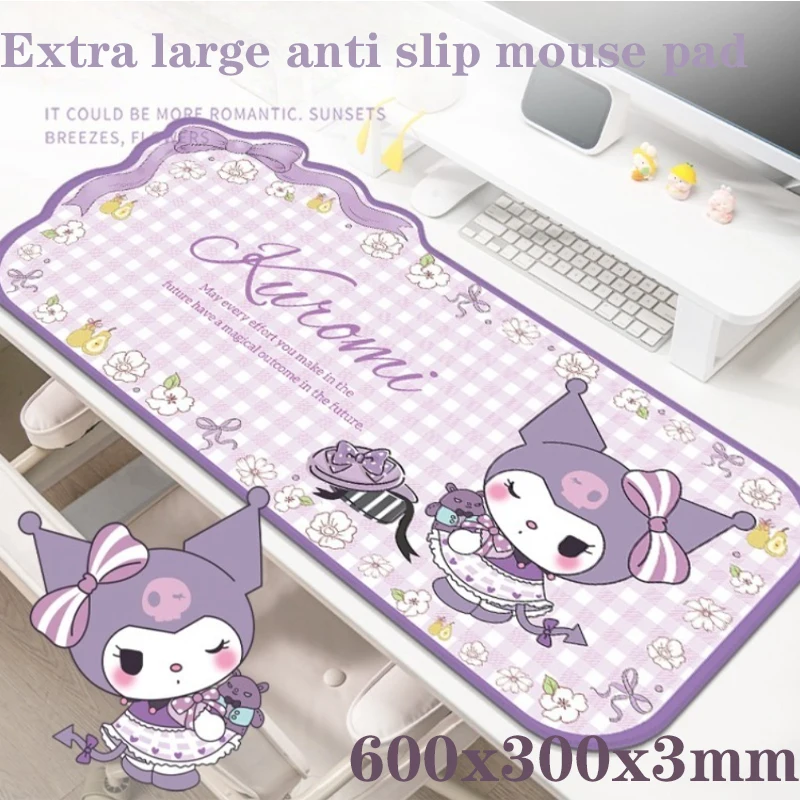 Большой настольный коврик Sanrio 600x300 мм Kuromi My Melody Hello Kitty Cinnamoroll, нескользящий толстый коврик для мыши 3 мм, офисный игровой декор для рабочего стола