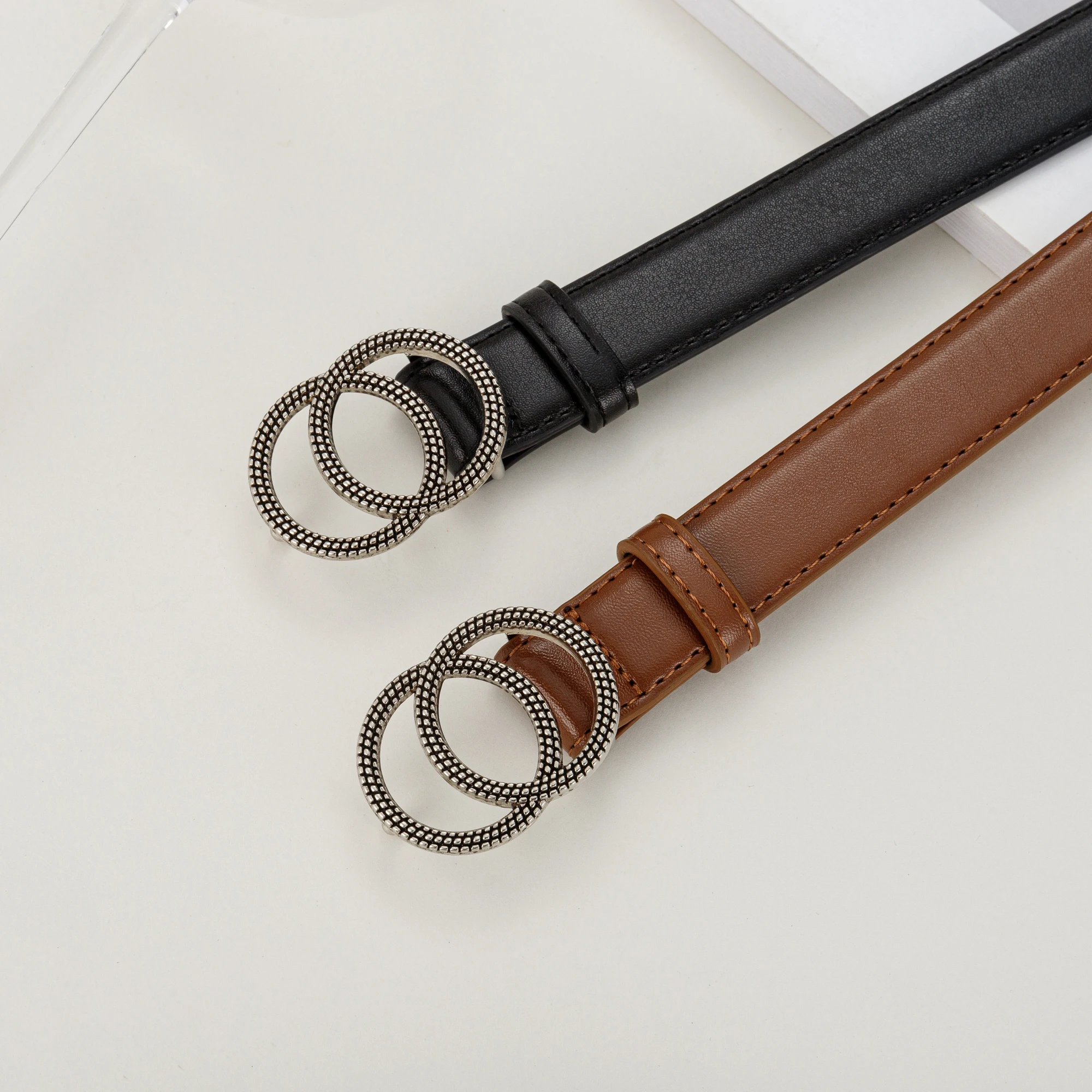Silver Double Ring Spot Buckle Casual Versatile Fashion PU Leather Belt for Men And Women