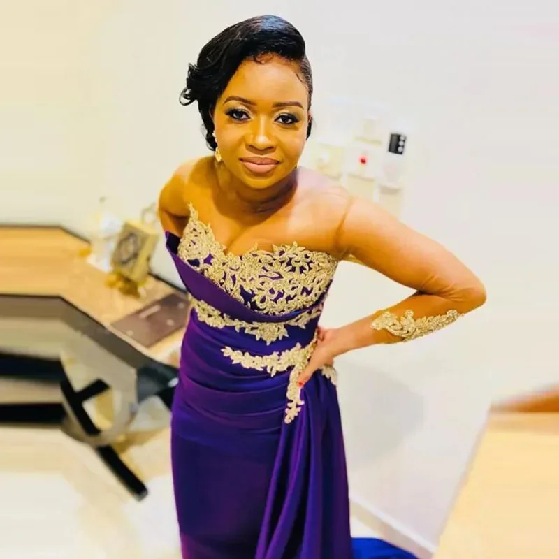 Avec col transparent Illusion manches longues dentelle Appliques côté Train Aso Ebi robe de soirée Sexy violet sirène robes de bal