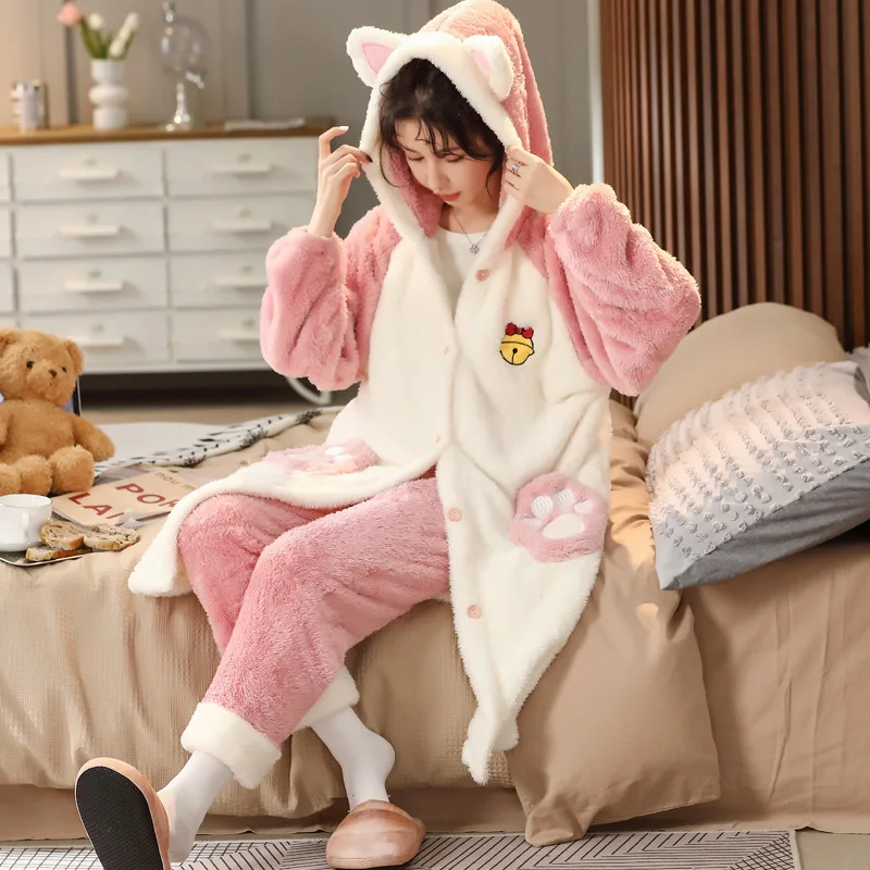 Sweet Cute Women Hooded Pajama Sets Autumn Winter Coral Fleece Nightgown With Pants Loose Pyjamas Suit Homewear Clothes