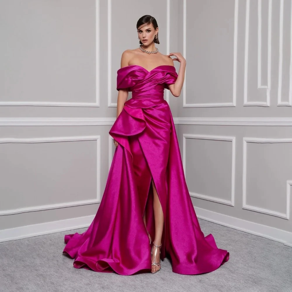 Red Long Prom Dress for Woman Customized Off The Shoulder Satin Pleated Side Split  A Line Sweep Train Formal Party Dresses