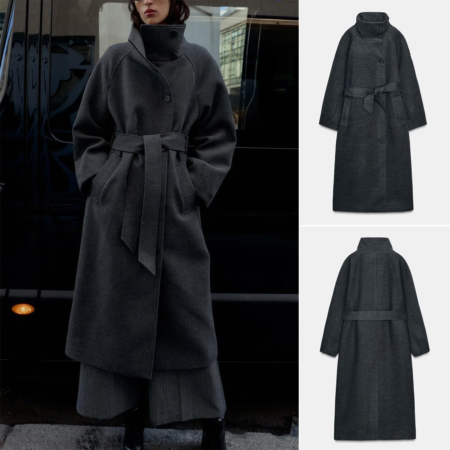 Autumn Winter New Women's Double-breasted Button Decorated Soft Long Sve Stand Collar with Belt Coat Outerwear 30369