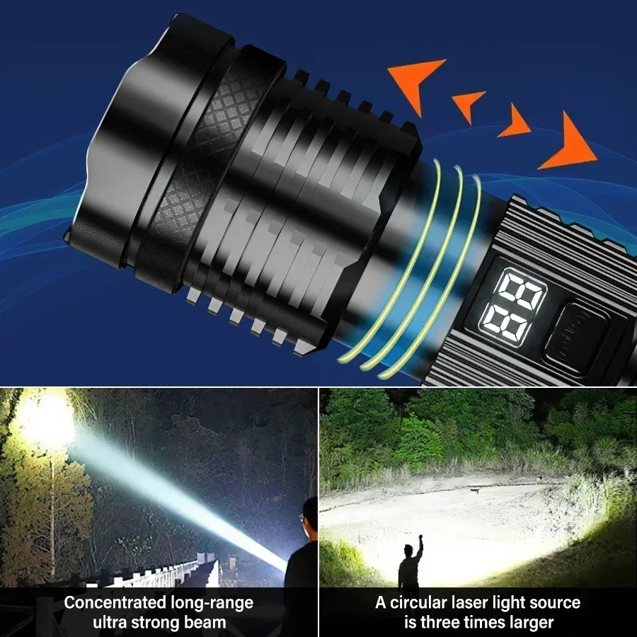 Branco Laser liga de alumínio LED Zoom lanterna, USB recarregável, impermeável, 5 modos de iluminação, Camping e pesca tocha