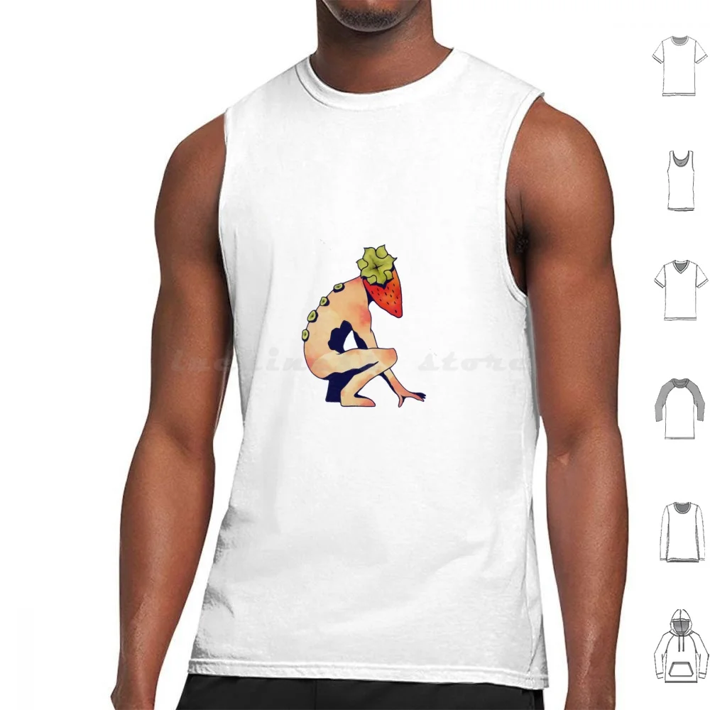 Strawberry Guy Crouching Tank Tops Print Cotton Strawberry Creature Monster Berry Red Fruit Plant Fruits Plants Green Cute