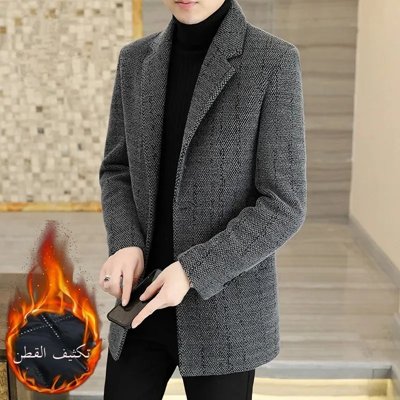 

Thiened Woolen Men's Coat with Suit Collar Autumn Winter Busin Casual Mid-Length Dad Sle Long Sve Double-Button Clo...